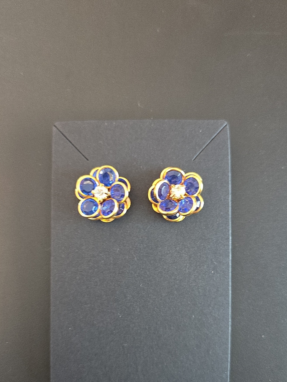 Gold Tone and Blue Floral Stud Earrings